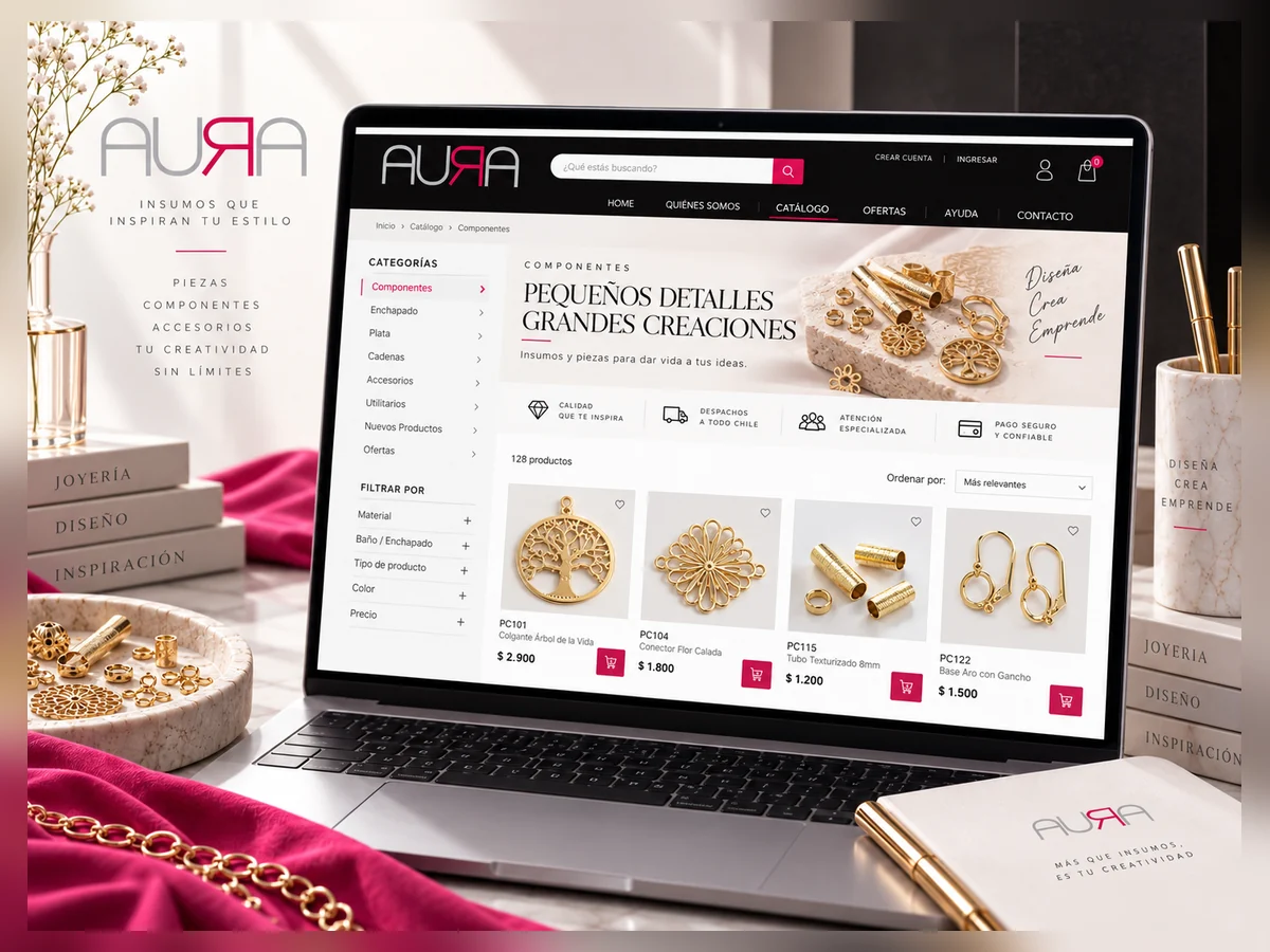 Catálogo web de Aura con colección de productos y navegación visual
