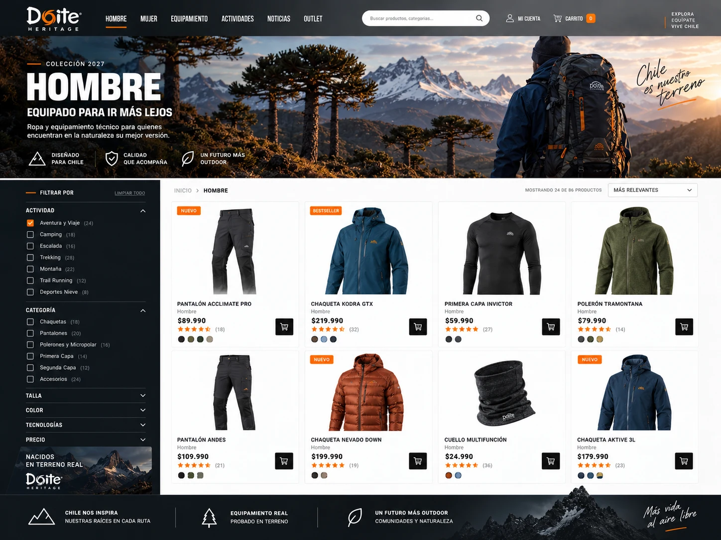 Categoría Hombre de Doite con filtros por actividad, producto y tecnología outdoor