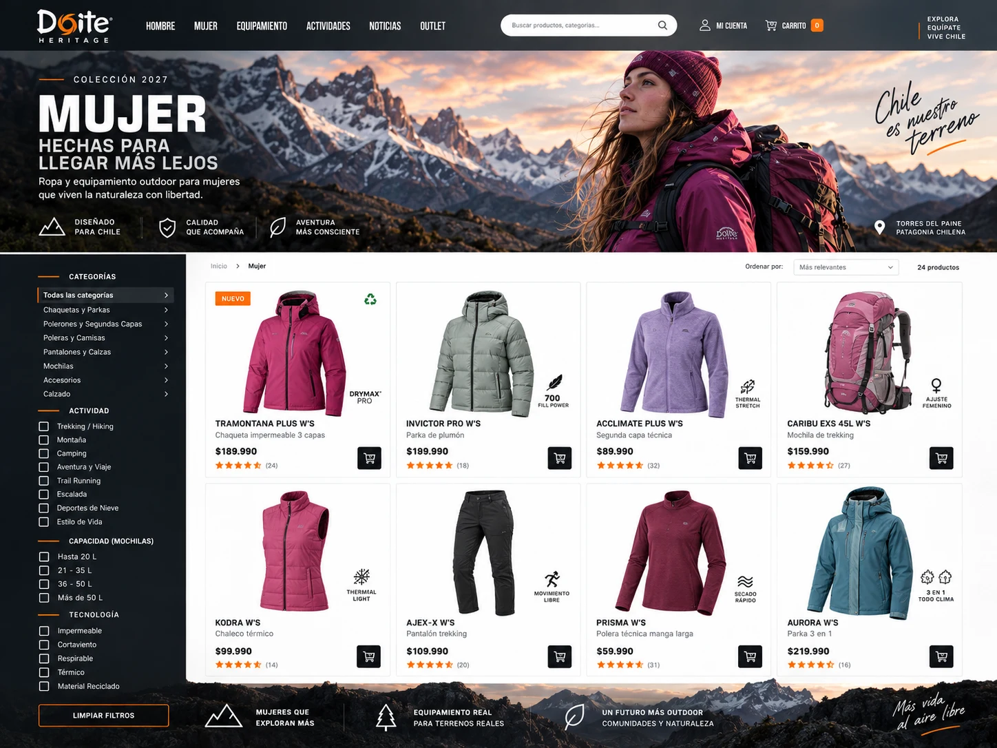 Categoría Mujer de Doite con ropa técnica, mochilas y filtros de ecommerce