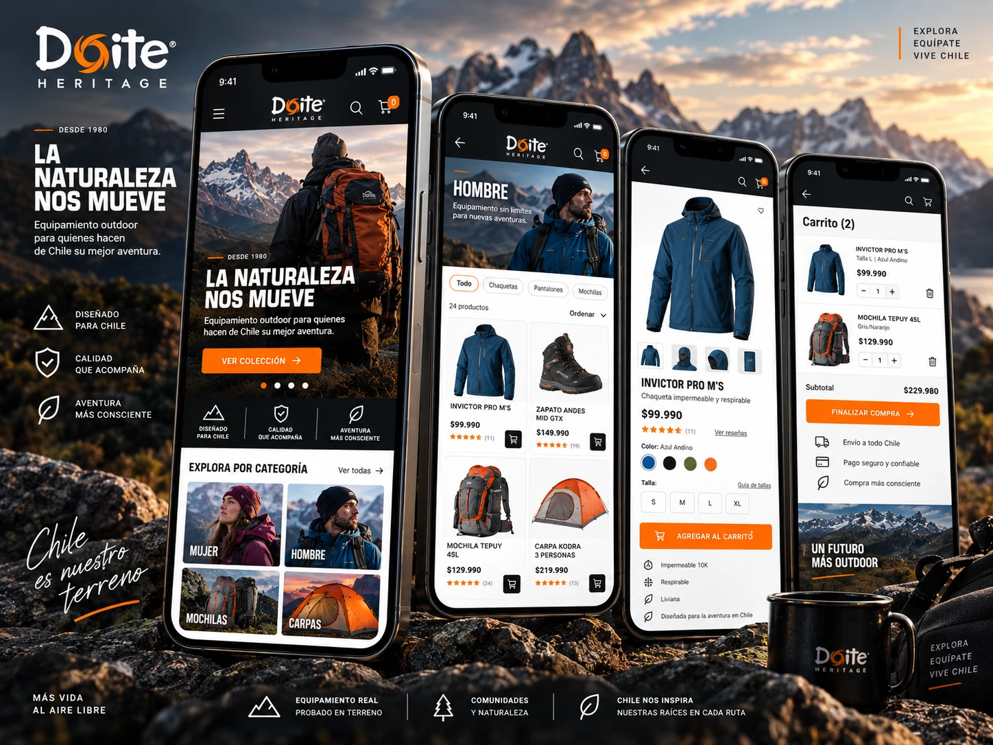 Experiencia mobile del ecommerce Doite con catálogo, producto y carrito de compra