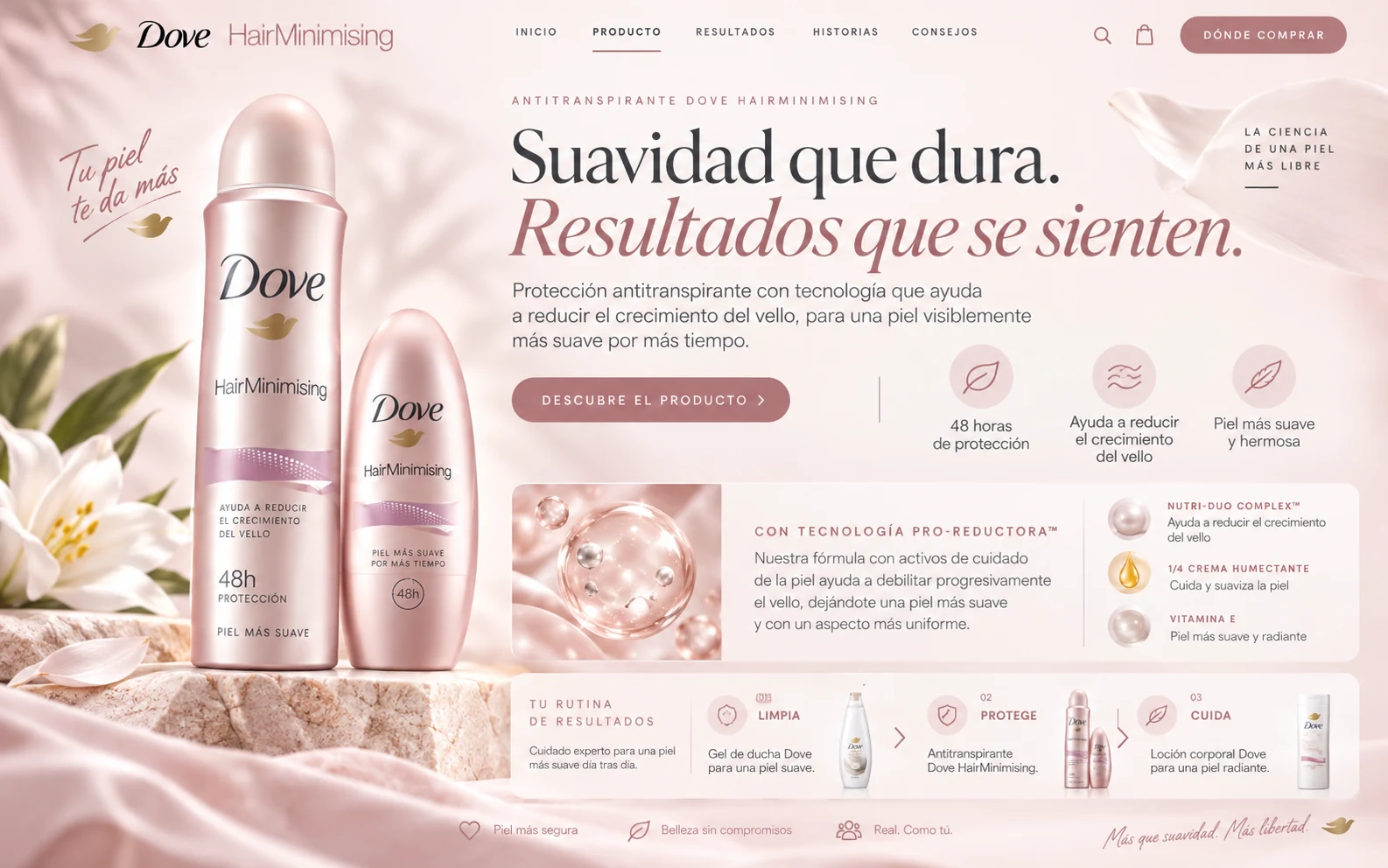 Página de producto Dove HairMinimising con beneficios, tecnología y rutina de cuidado