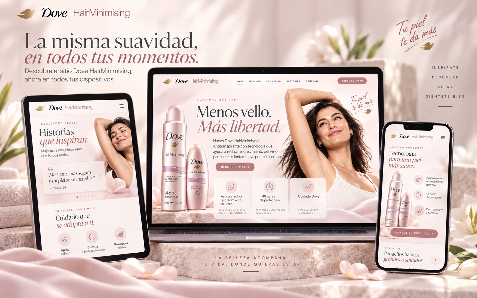 Presentación responsive de Dove HairMinimising en laptop, tablet y smartphone
