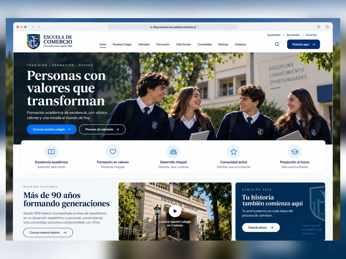 Interfaz educativa Escuela de Comercio con formación y comunidad