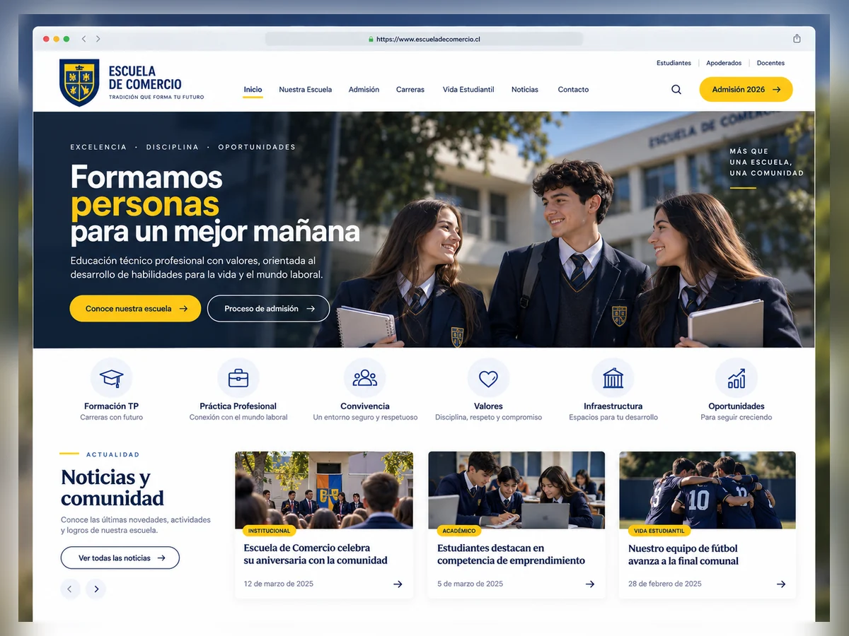Página institucional Escuela de Comercio con contenidos académicos