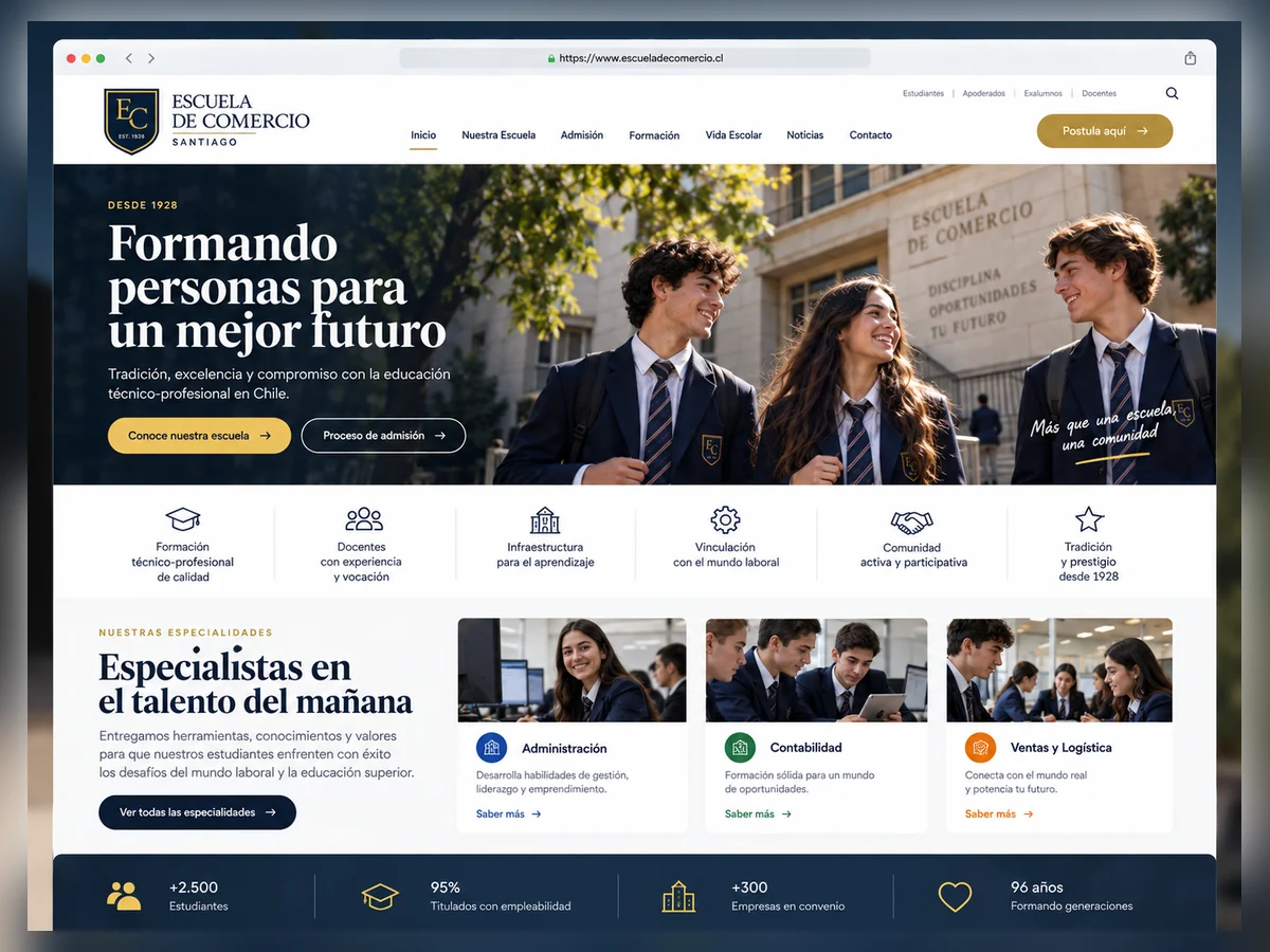 Interfaz Escuela de Comercio con especialidades y admisión