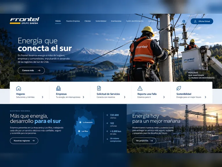 Home corporativa de Frontel con técnicos eléctricos, territorio del sur y accesos principales de servicio