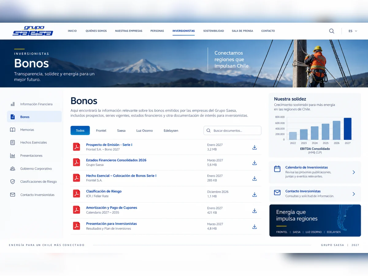 Panel corporativo de Grupo Saesa para bonos, información financiera y documentos de inversionistas