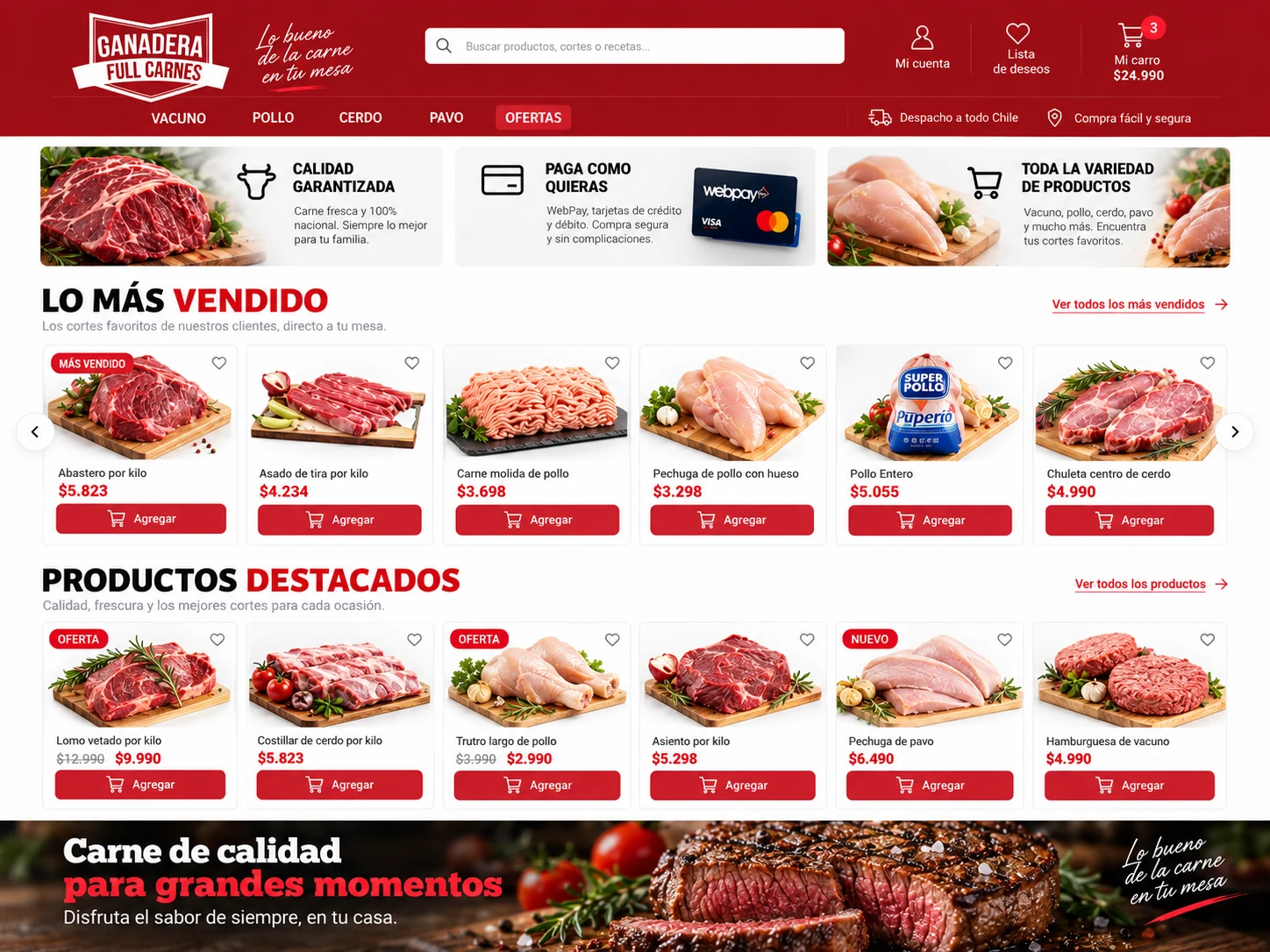 Sección de productos destacados y más vendidos de Ganadera Full Carnes con foco en ecommerce