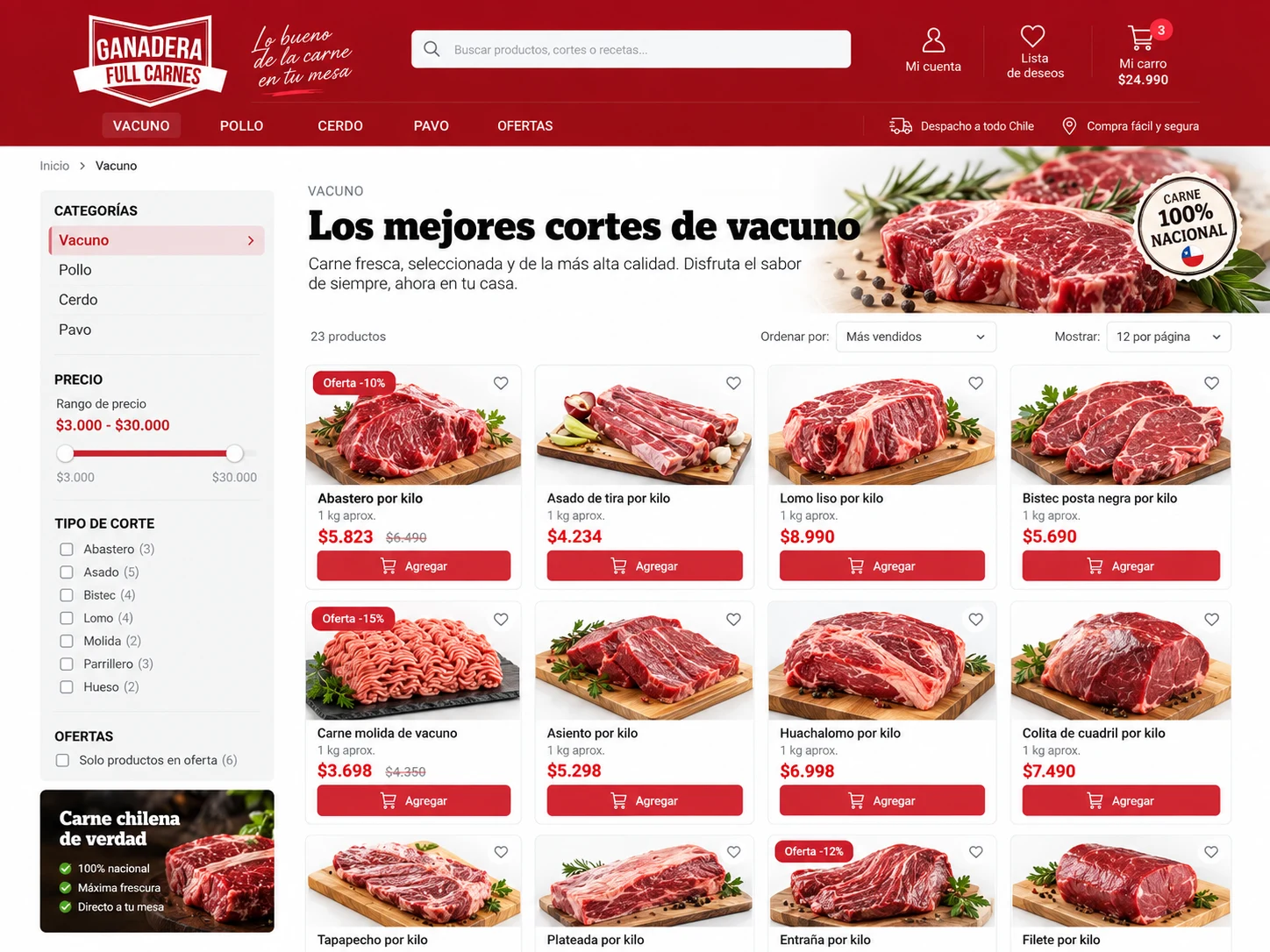 Listado de productos de la categoría vacuno en Ganadera Full Carnes con filtros y tarjetas de producto