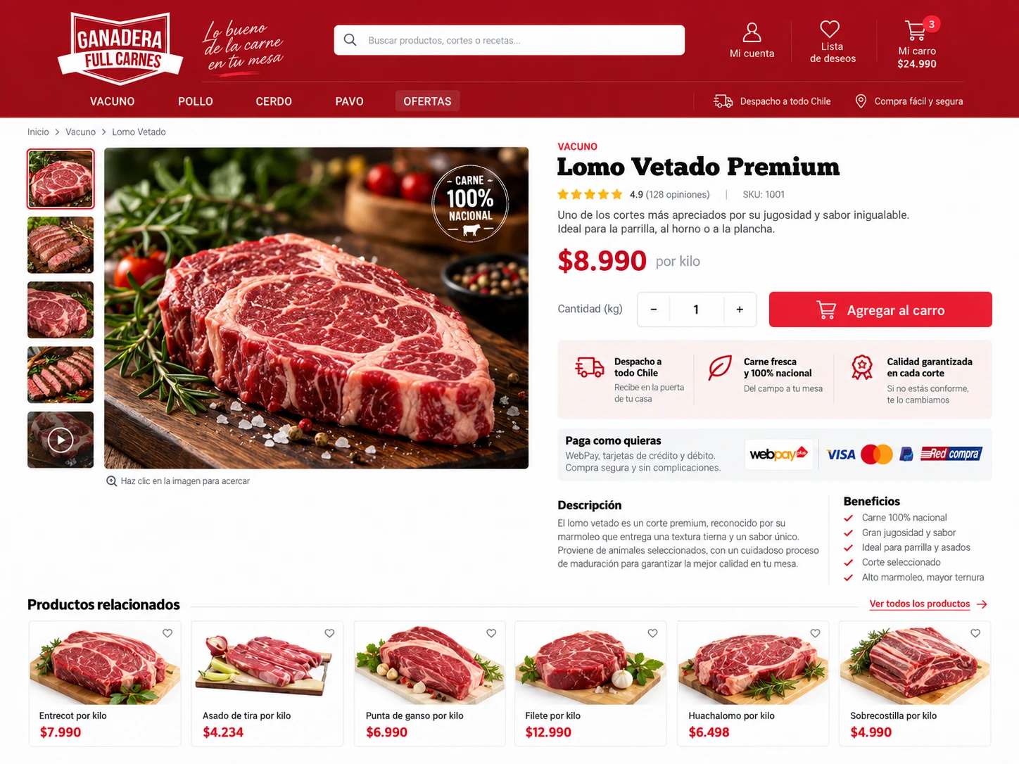 Ficha de producto de Ganadera Full Carnes para lomo vetado premium con beneficios y compra directa