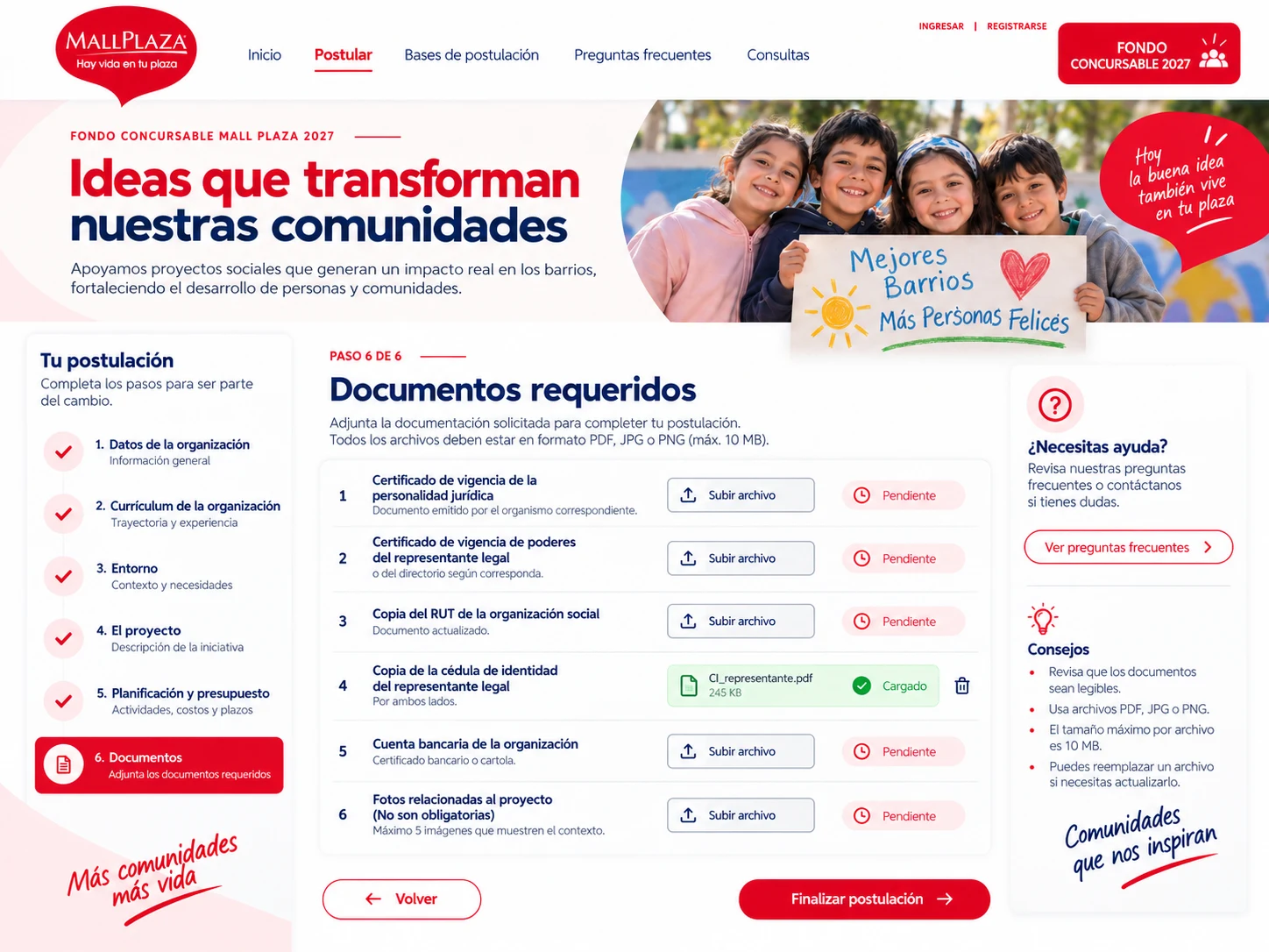 Interfaz de postulación por etapas del Fondo Concursable Mallplaza