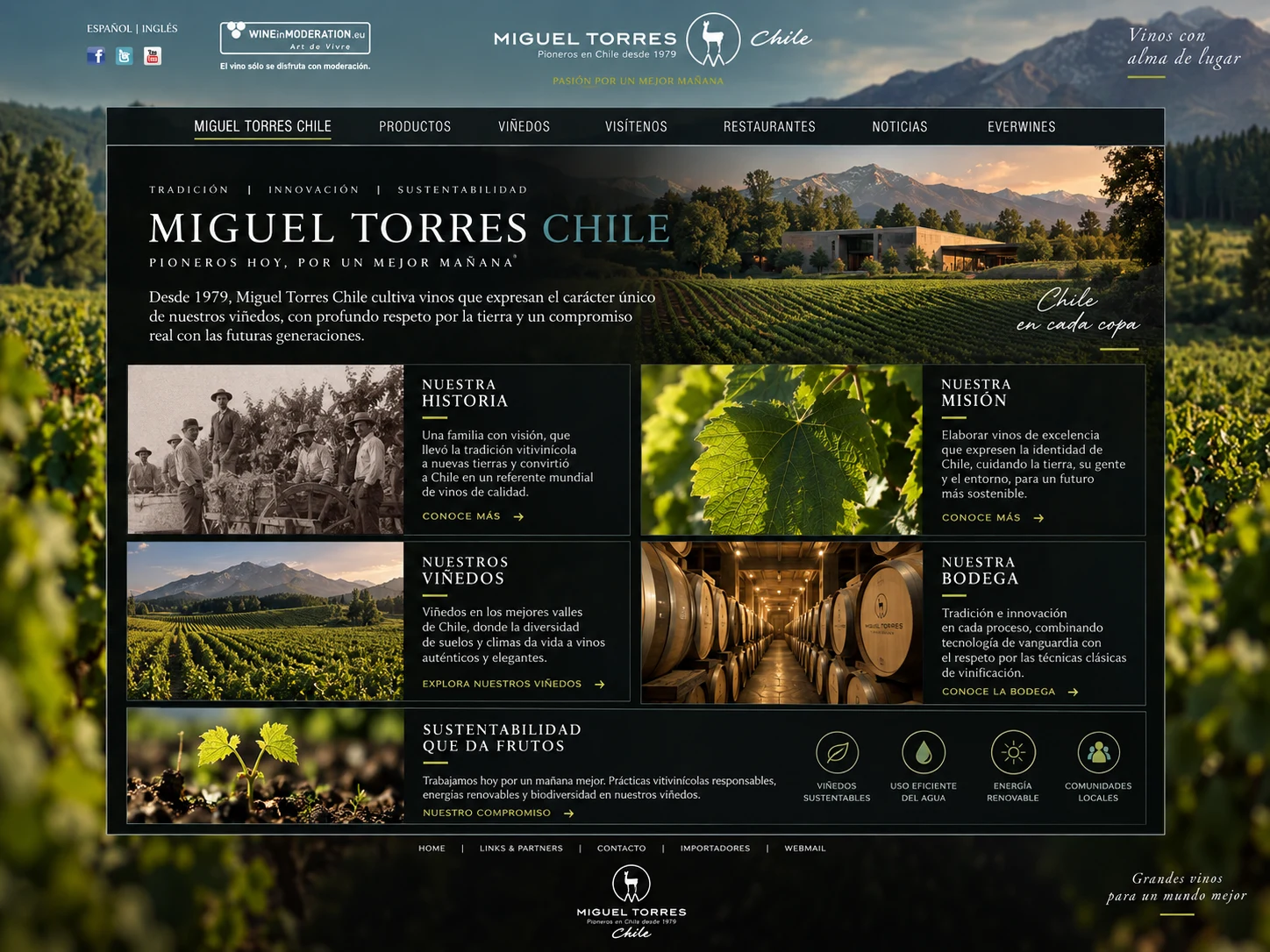 Sección editorial de Miguel Torres Chile con historia, viñedos, misión y sostenibilidad