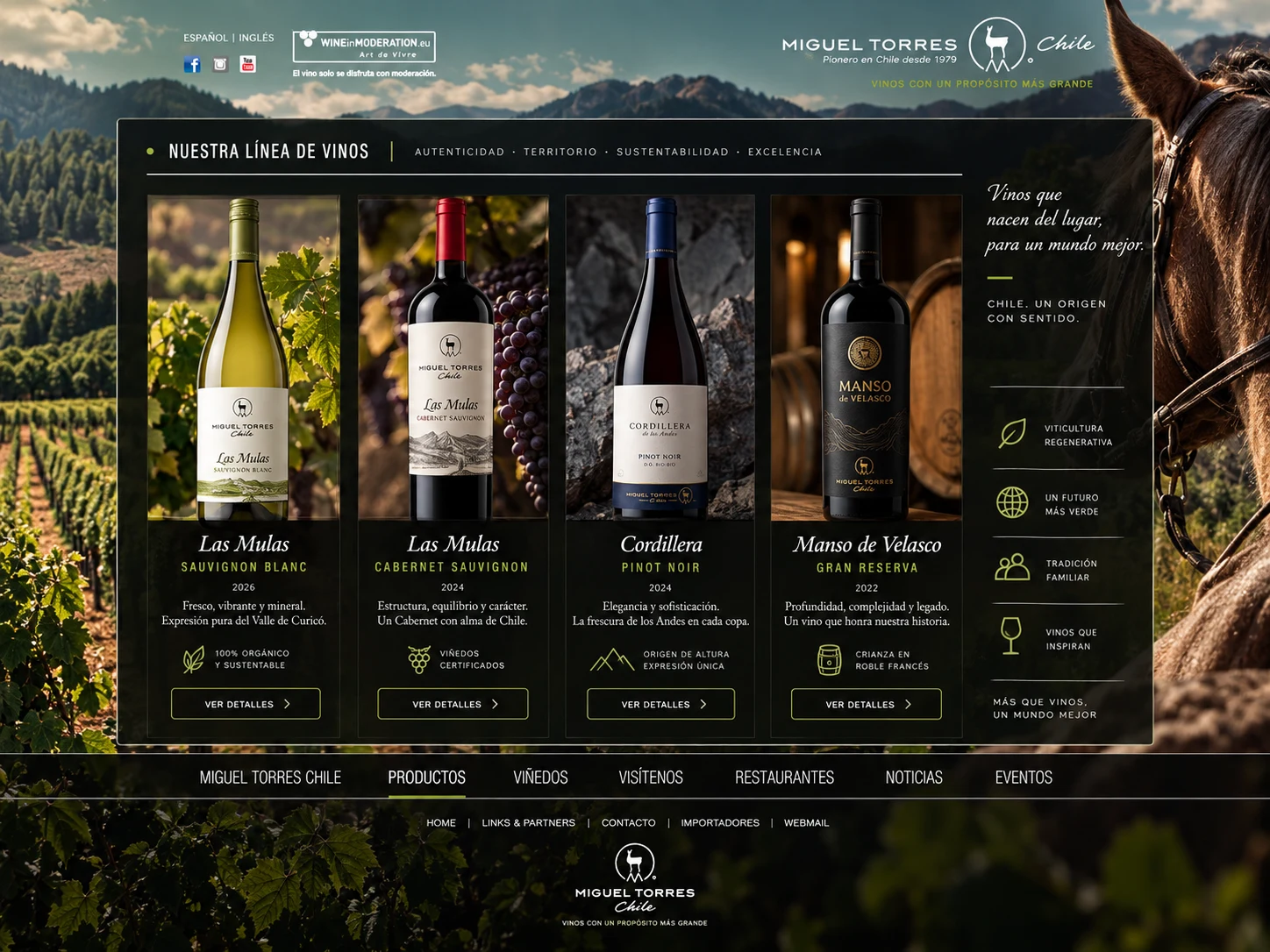 Catálogo premium de vinos Miguel Torres Chile con distintas líneas y enfoque en origen