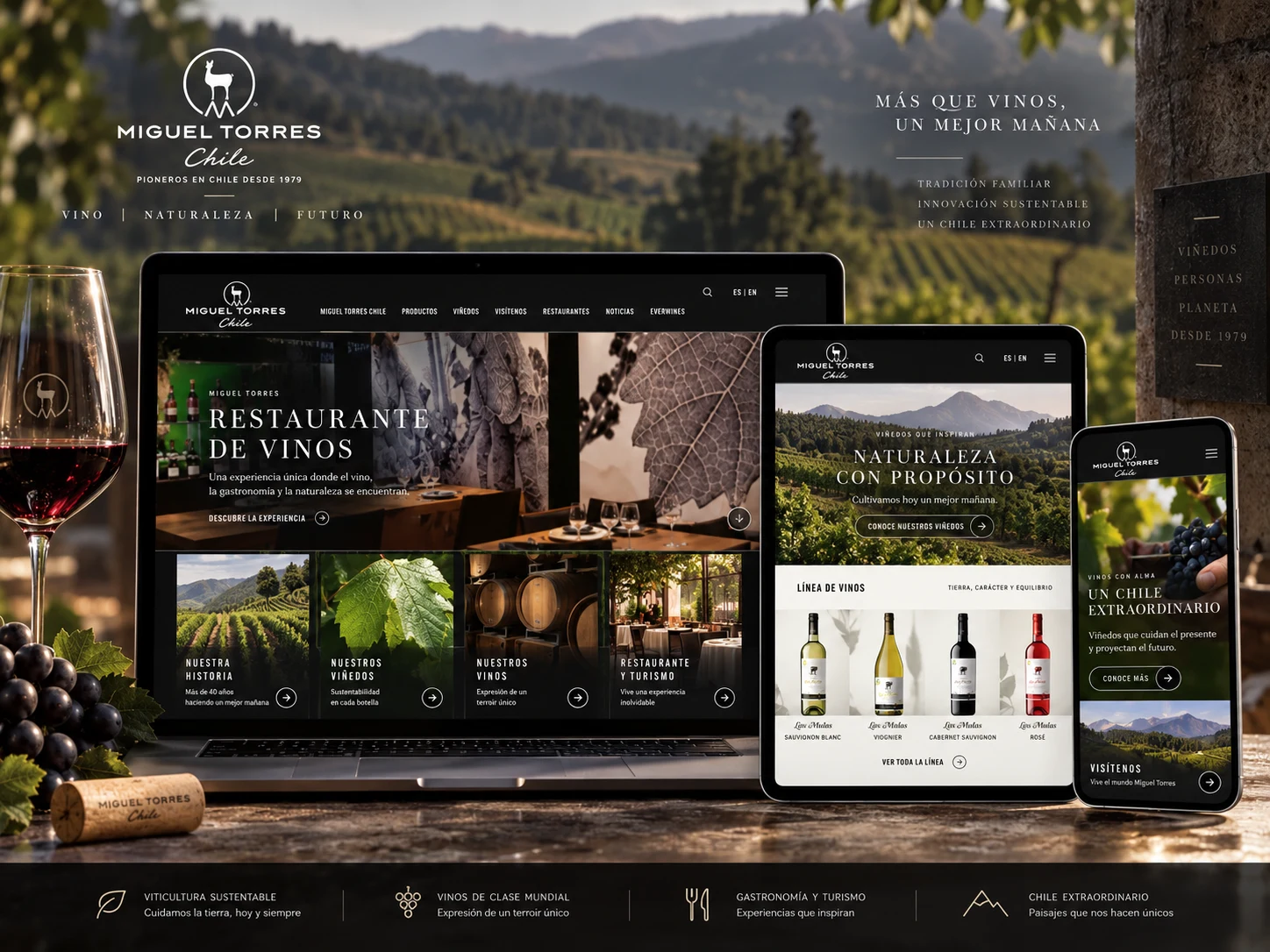 Presentación responsive de Miguel Torres Chile en desktop, tablet y mobile con foco en vinos y enoturismo