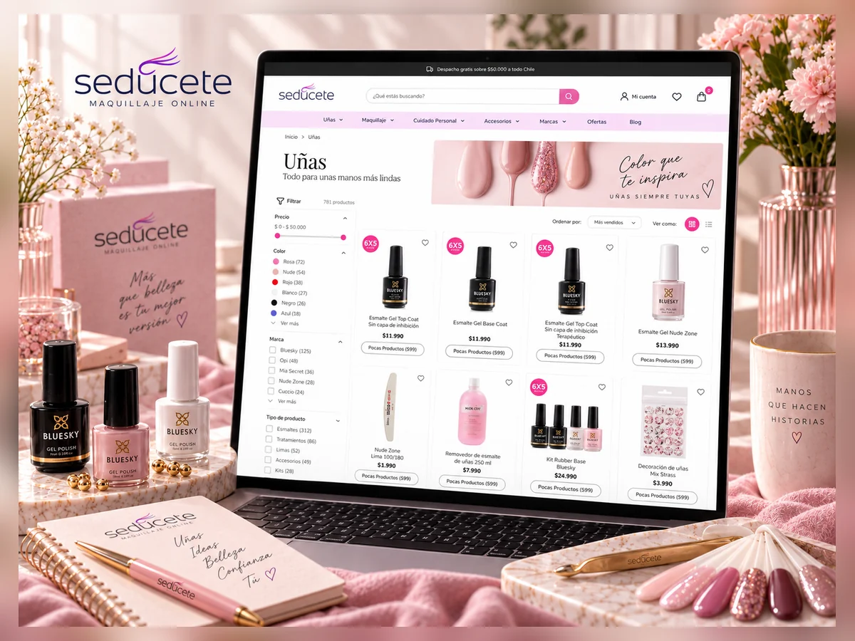 Interfaz de categorías de belleza y uñas de Sedúcete