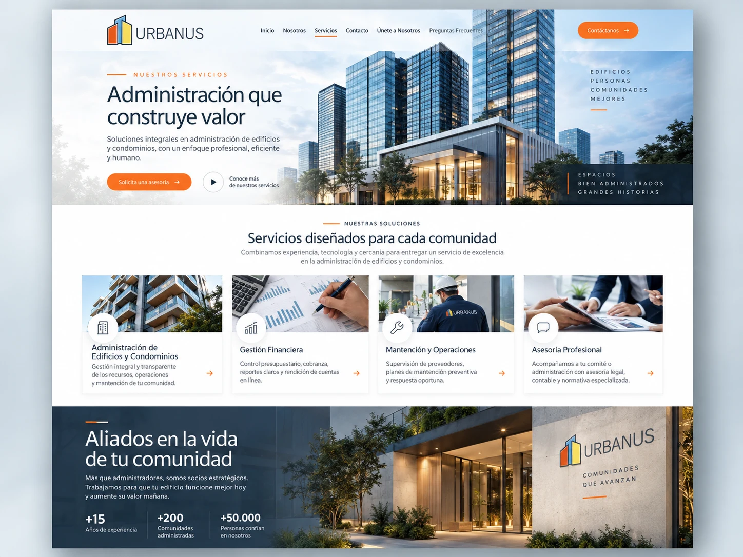 Sección de servicios Urbanus con soluciones para comunidades, edificios y condominios