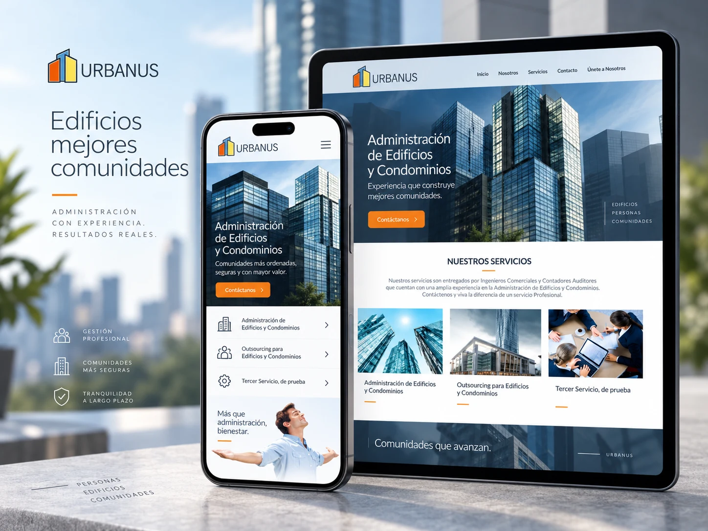 Maqueta responsive de Urbanus en smartphone y tablet con enfoque en administración de edificios y condominios
