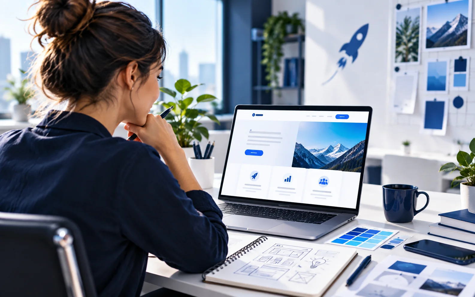 Equipo creativo trabajando en diseño y experiencia de una página web profesional