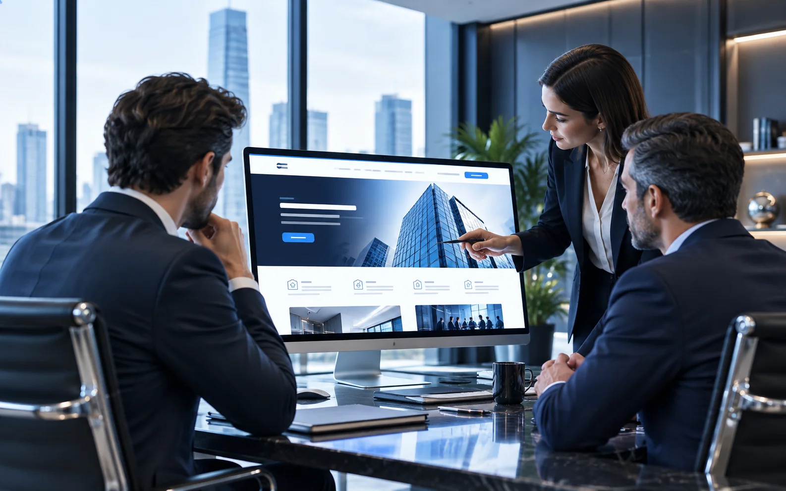 Equipo corporativo revisando una interfaz web profesional en una sala de reuniones moderna