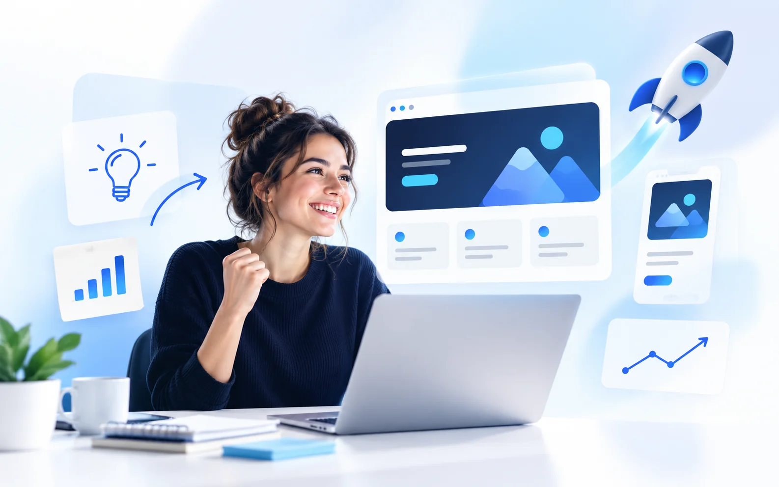 Emprendedora lanzando su proyecto digital con una nueva página web