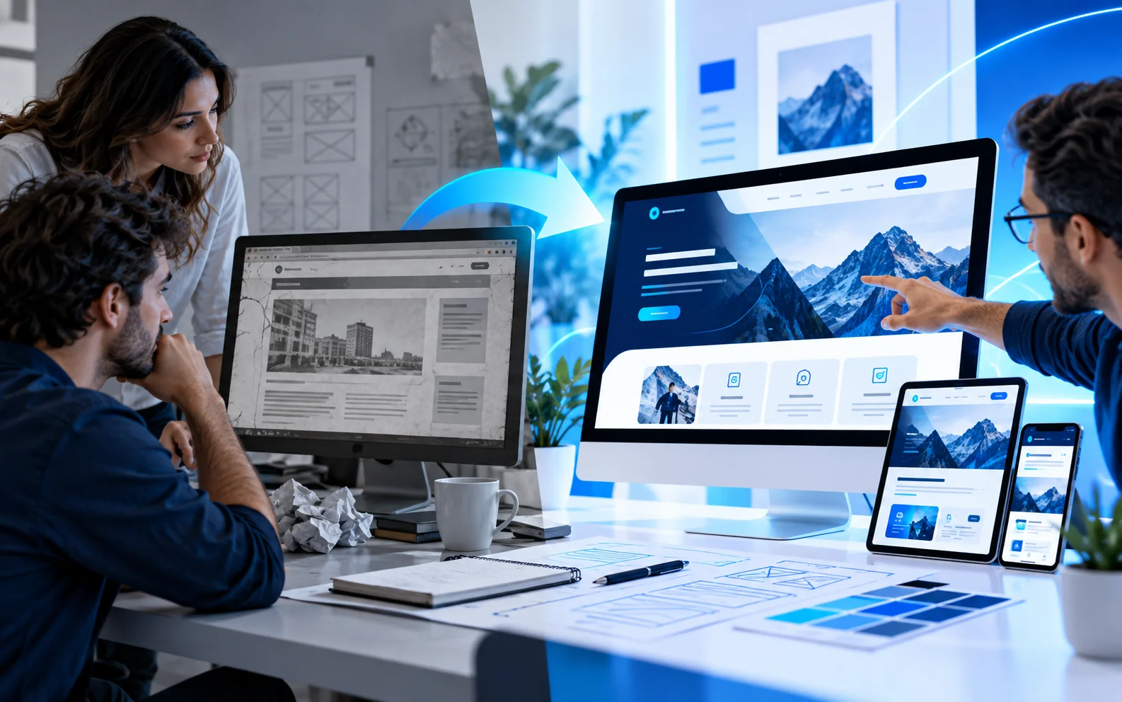 Proceso visual de rediseño web mostrando evolución antes y después