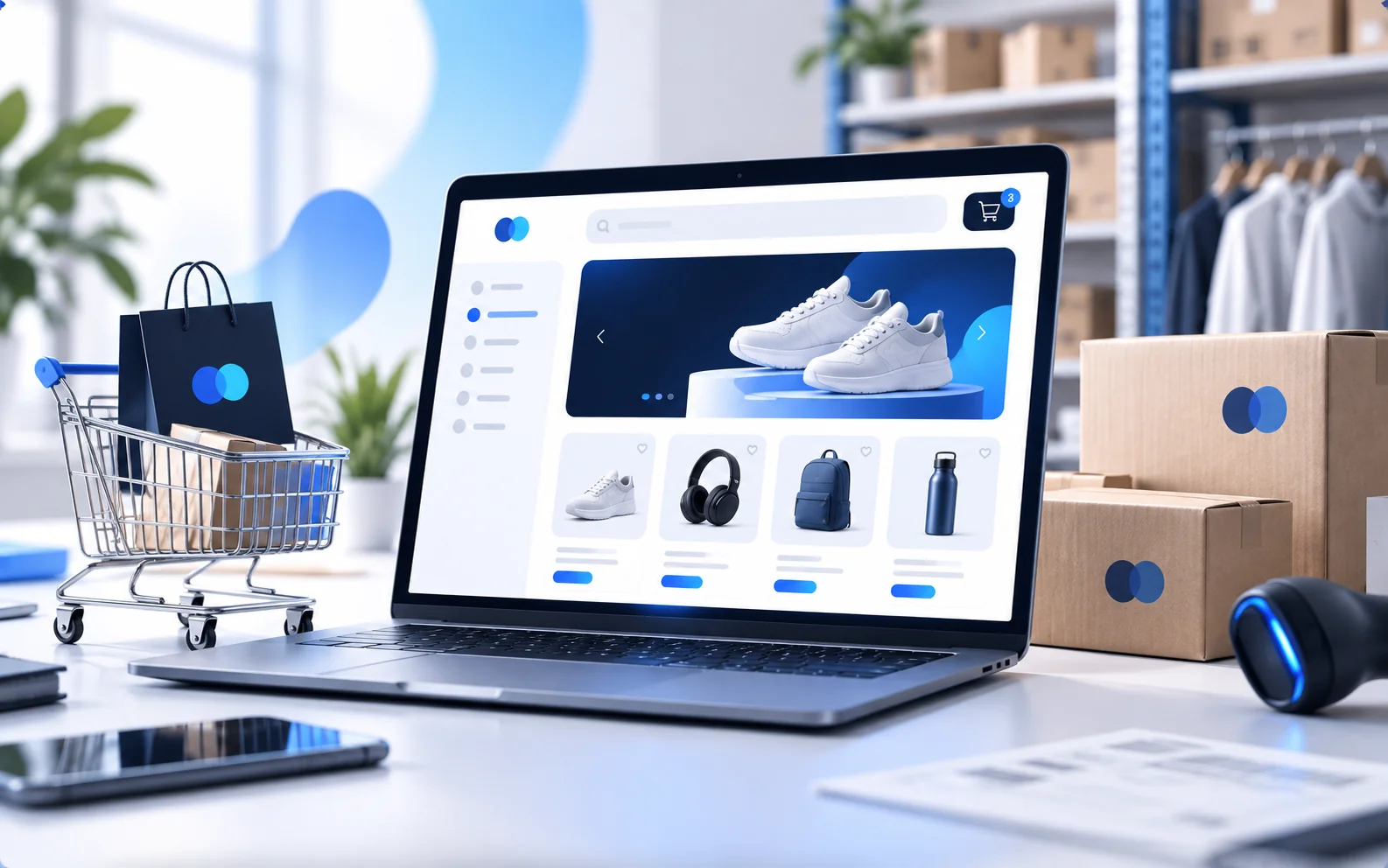 Escena ecommerce con catálogo, logística y gestión de tienda online